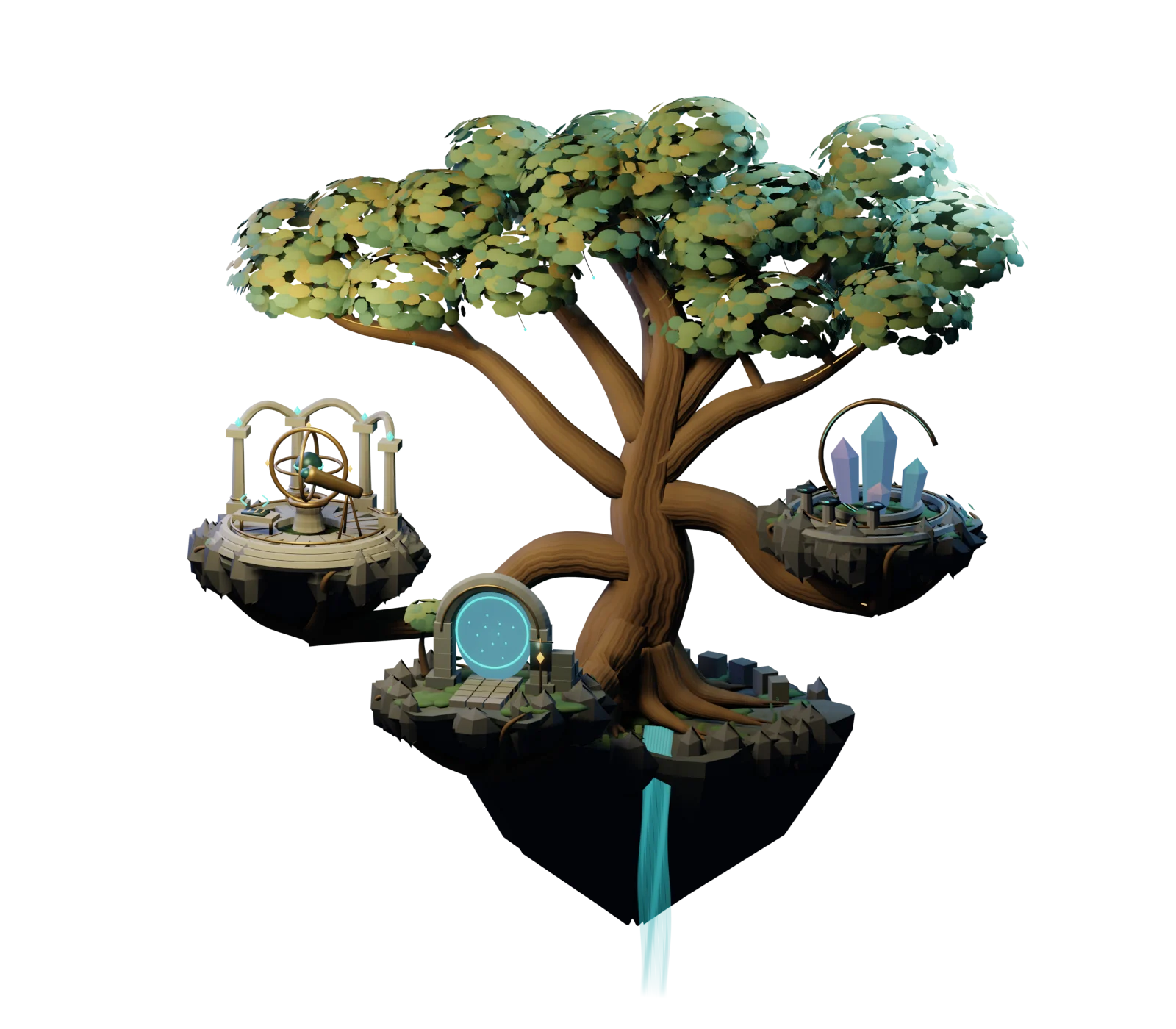 An ancient tree holding an observatory, a crystal sanctuary and a story portal in its branches.